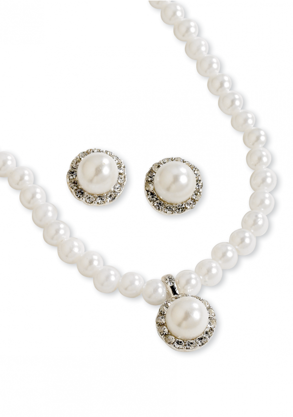 Pearl and Rhinestone Pendant Necklace with Matching Pierced Earrings