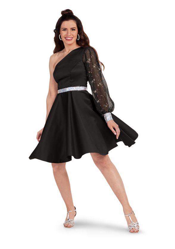 One Shoulder Long Sleeve Beck Show Choir Dress-Front-Black