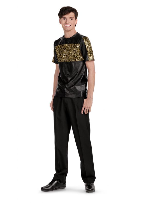 Unisex Short Sleeve Diamond Sequin Black Crew Tee-Front-Black/Gold