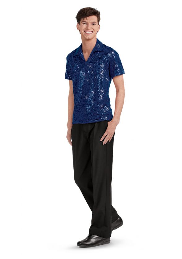 Youth Unisex Diamond Sequin V Neck Collard Show Shirt-Front-Navy