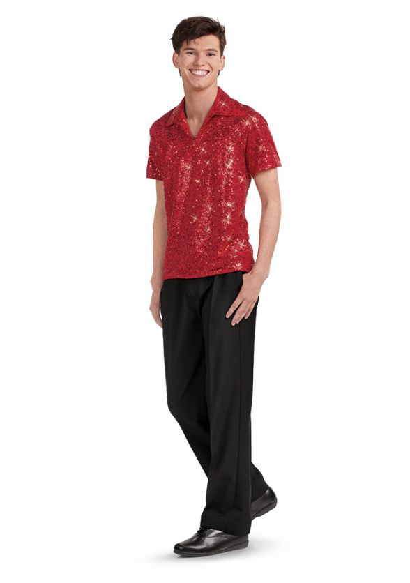 Unisex Short Sleeve Sequin V Neck with Collar Show Shirt-Front-Red