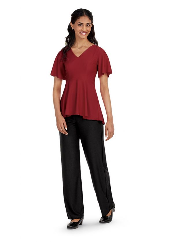 V Neck Joss Concert Top with High-Low Peplum - Front - Claret