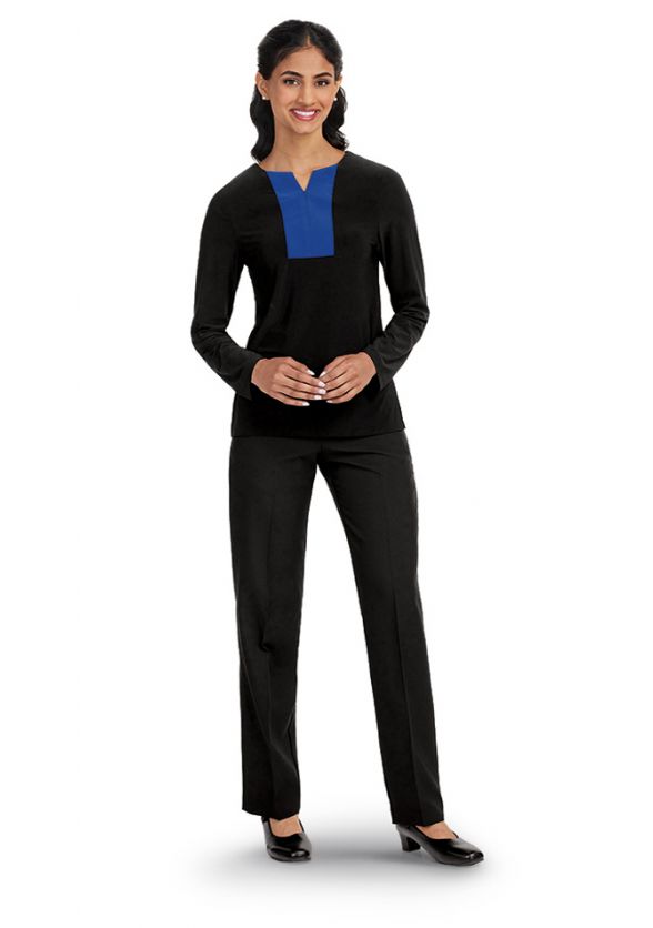 Ladies Long Sleeve Split V Concert Tunic - Front - Black/Royal