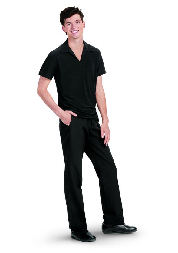 Black Short Sleeve Unisex Stretch Collard V Neck Show Shirt-Front