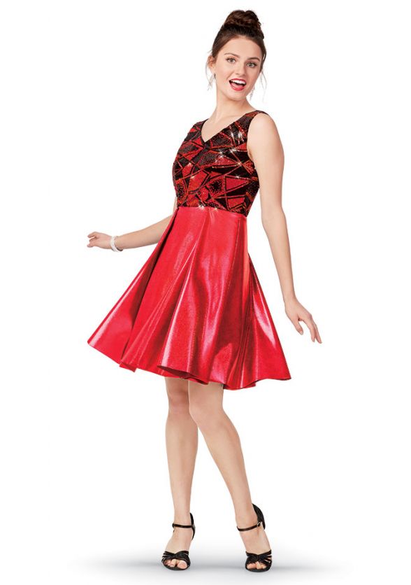 Baye Show Choir Dress with Cosmic Sequin Velvet bodice, Chrome Lycra pleated Skirt 