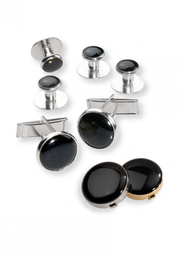 Black Stone Tuxedo Shirt Studs and Cuff Links in Silver Hardware