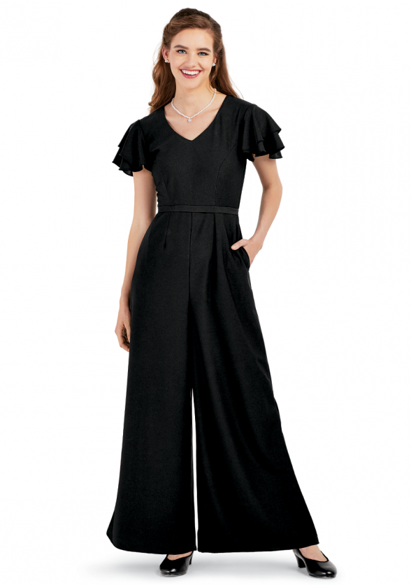 Crepe Carson Jumpsuit with ruffle sleeves and wide pant legs