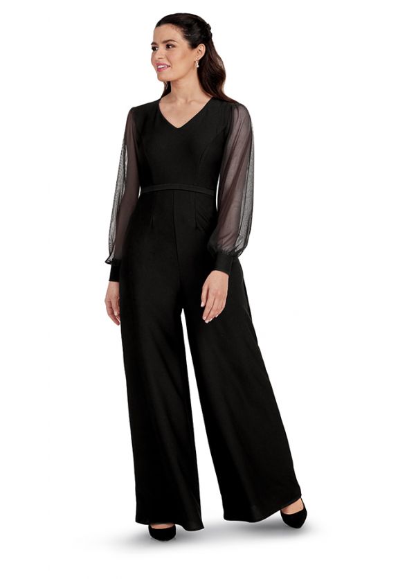 Long Sleeve V Neck Nico Jumpsuit with Pockets - Front - Black