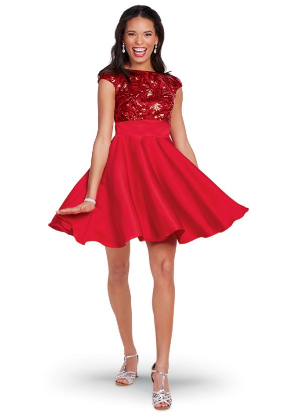 Vera Show Choir Dress with Madrid Sequin Bodice, Satin Skirt and Satin Tie-back