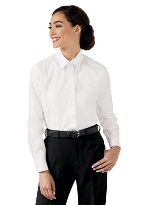 Ladies Long Sleeve Dress Shirt in White Paired with Black Dress Pants